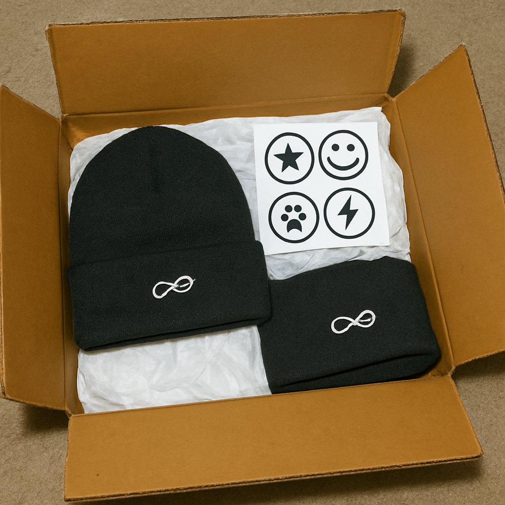 An opened gpt-branded cardboard swag box on crumpled tissue paper: one beanie worn low, a second beanie untouched beside it, a sheet of stickers, shot straight down with a phone flash